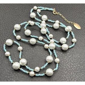 Rush by Denis & Charles Faux Pearl Blue Beaded Long Opera Necklace Gold Tone 40"